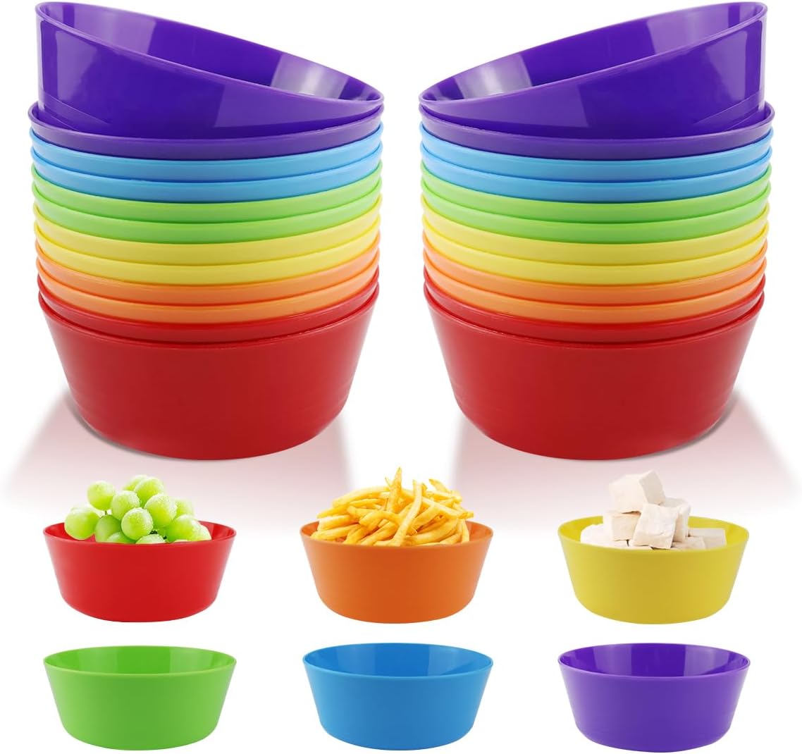 24PCS Reusable Plastic Bowls, Unbreakable Kids Plastic Bowls, Reusable, Bowls for Parties, BPA Free, Picnic and Party Tableware, for Vegetables Fruits Salads Snacks Cereals Soups, 6 Colors