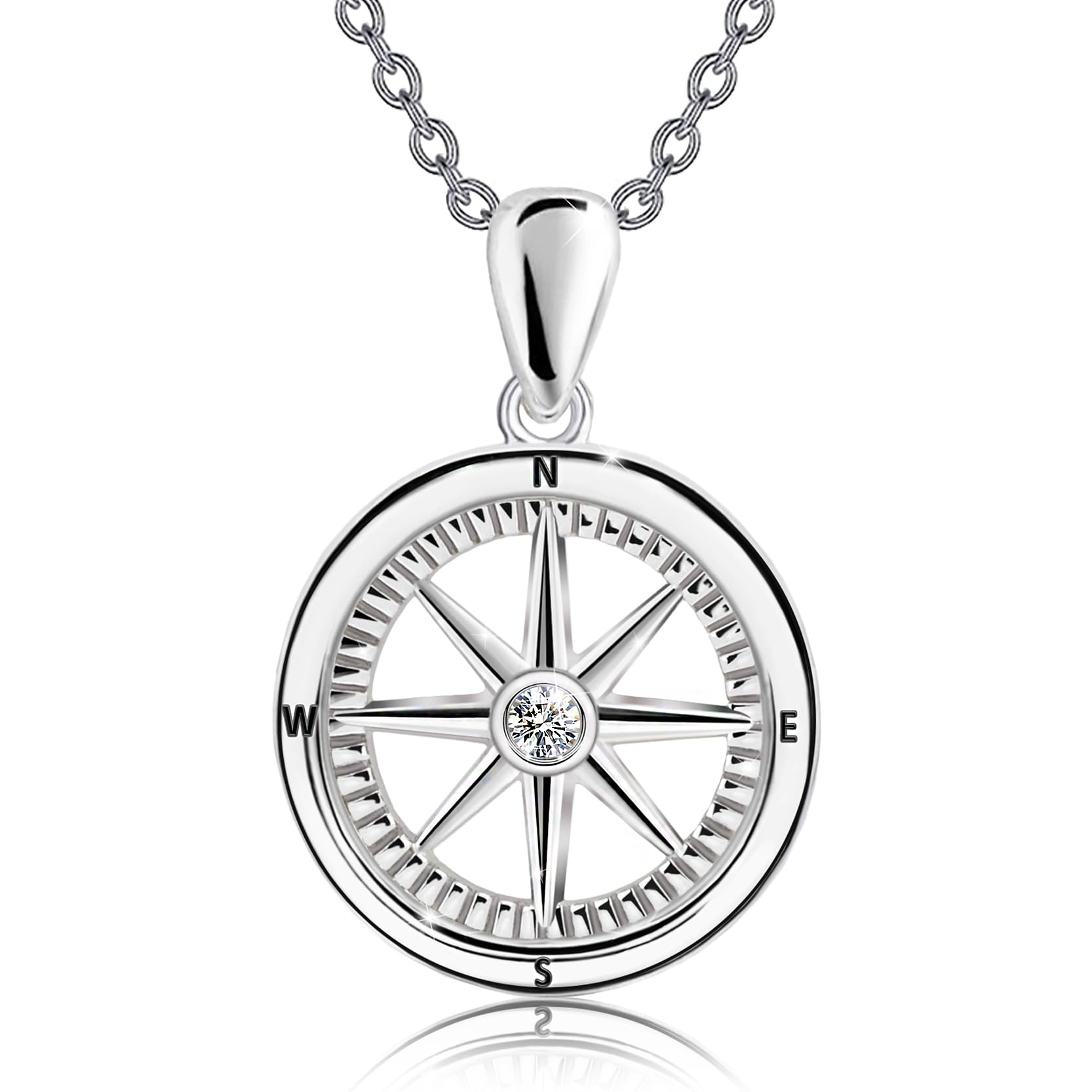 RuthesCompass Necklace for Women Girls Sterling Silver Small CZ Compass Pendant Necklace Inspiring Travel Jewelry Retirement Going Away Graduation Birthday Gifts, Silver, No Gemstone
