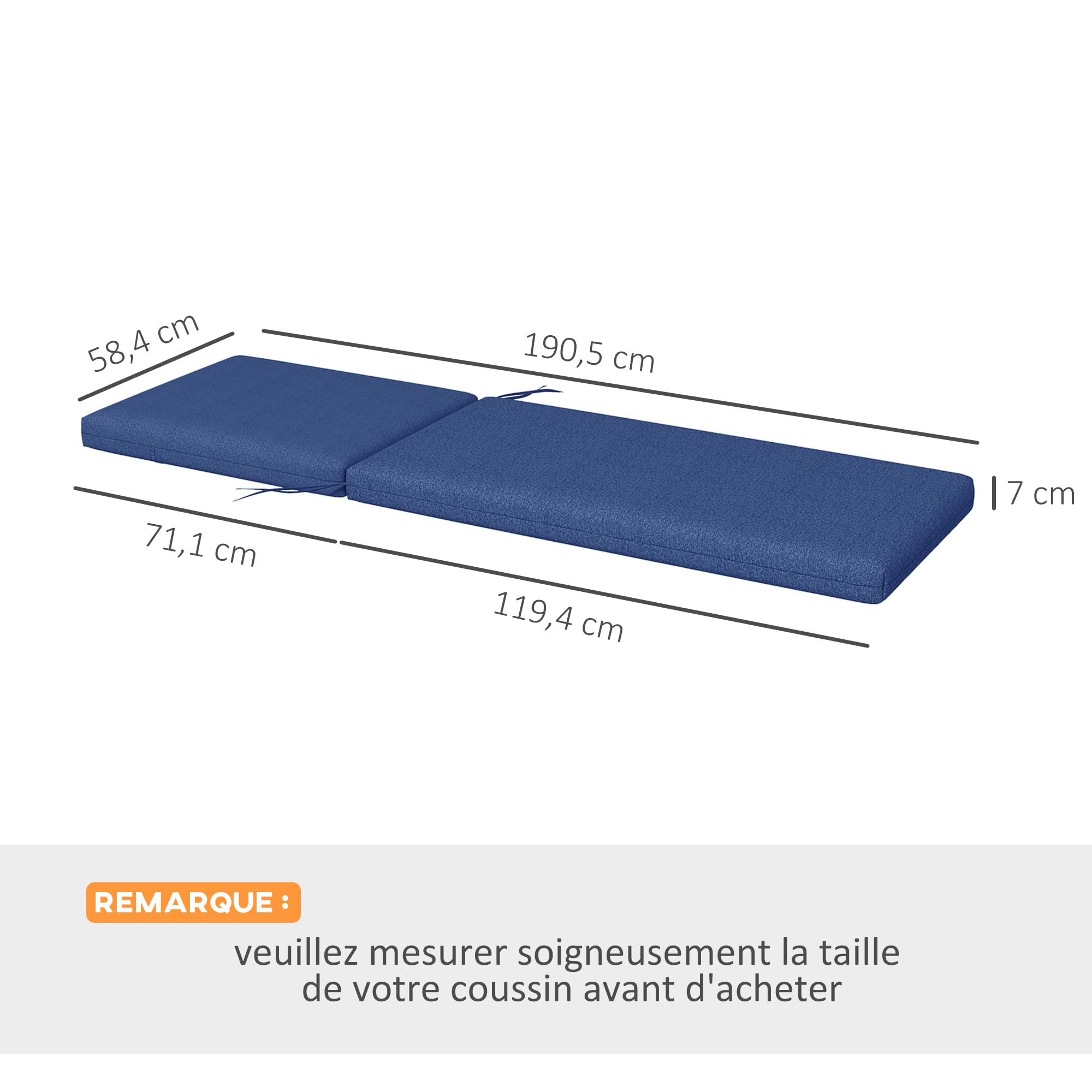 Outsunny Lot de 2 Matelas pour Chaise Longue transat Bain de Soleil avec Sangles d'attache pour Jardin dim. 190,5L x 58,4l x 7H cm Bleu