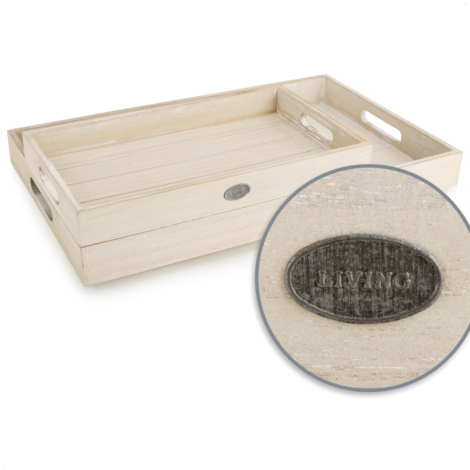 Set 2 Vassoi In Legno Di Mango Con Manici - Decorazione Metallo, Per Portata E Servizio, 2 Misure - Foto 14