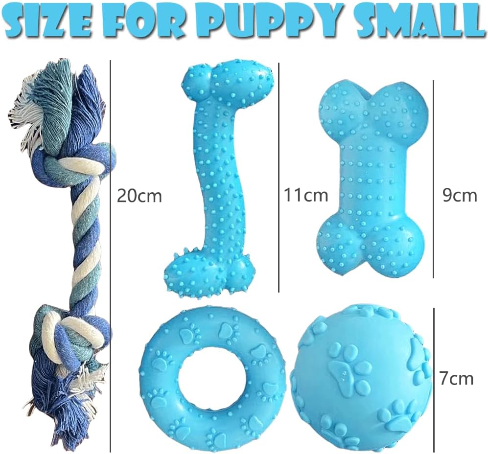 Speedy Panther 5Pcs Puppy Chew Toys for Teething Small Dogs - Squeaky Rubber Ball & Durable Cotton Rope Dental Toys | Blue Dog Toy Set for Boredom & Teeth Cleaning 4 61QSsbQIBLL. AC SL1000