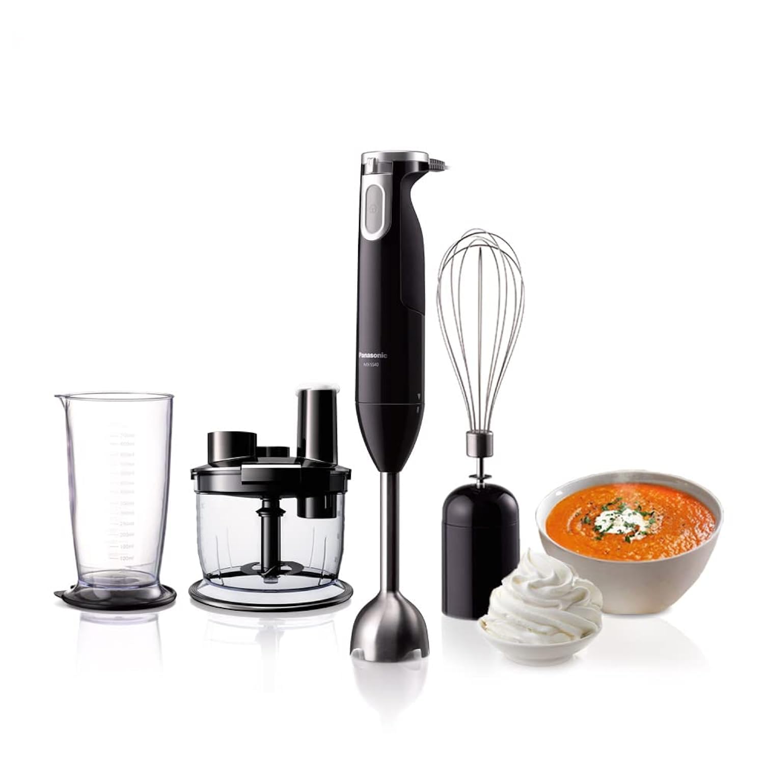 Panasonic hand blender 600W max. motor locked wattage, 4 uniquely-shaped blades for smooth & even cutting, chopper & whisk attachment, bowl attachment for chopping & shredding, variable speed control