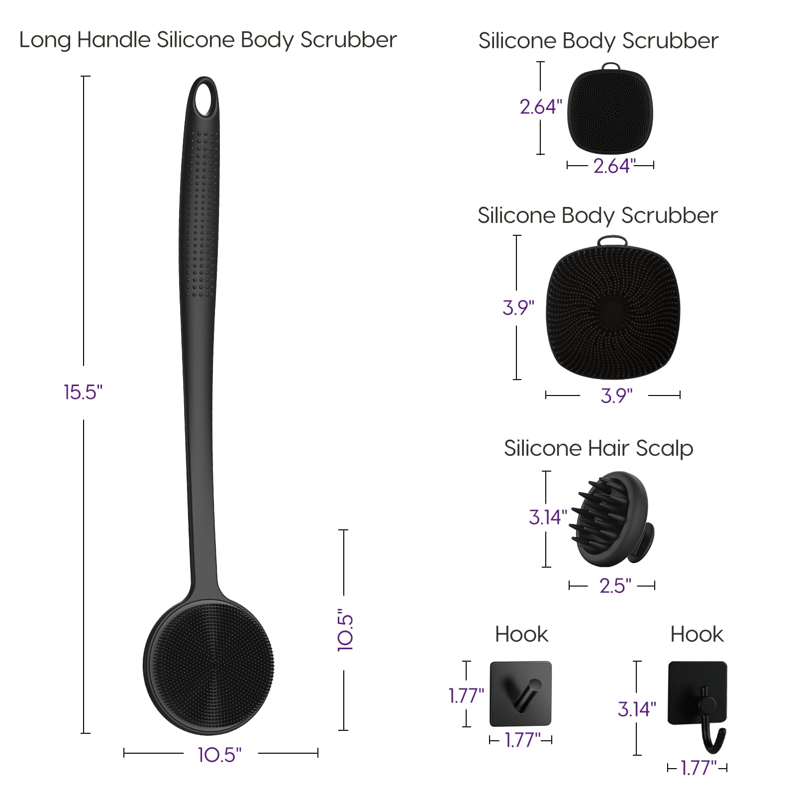 Silicone Body Scrubber Set, Includes Back & Body Scrubbers, Face Brush, Scalp Massager, 4 Storage Hooks, Shower & Bathroom Hygiene Accessories for Present(Black)