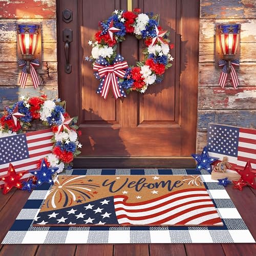 Drydiet 2 Pcs Patriotic Outdoor Layered Doormat Set American Flag Welcome Coir Front Door Mat with Blue White Striped Rug Entryway Rug for 4th of July Independence Day Indoor Home Porch Decor