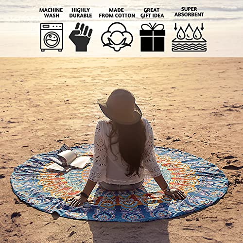Folkulture Set of 2 Beach Blanket or Round Mandala Tapestry - Bohemian or Boho Tablecloth, Hippie Beach Towel or Picnic Throw, Cotton Yoga Mat or Circle Rug for Meditation - 72 Roundie, Blue Mustard - Image 2