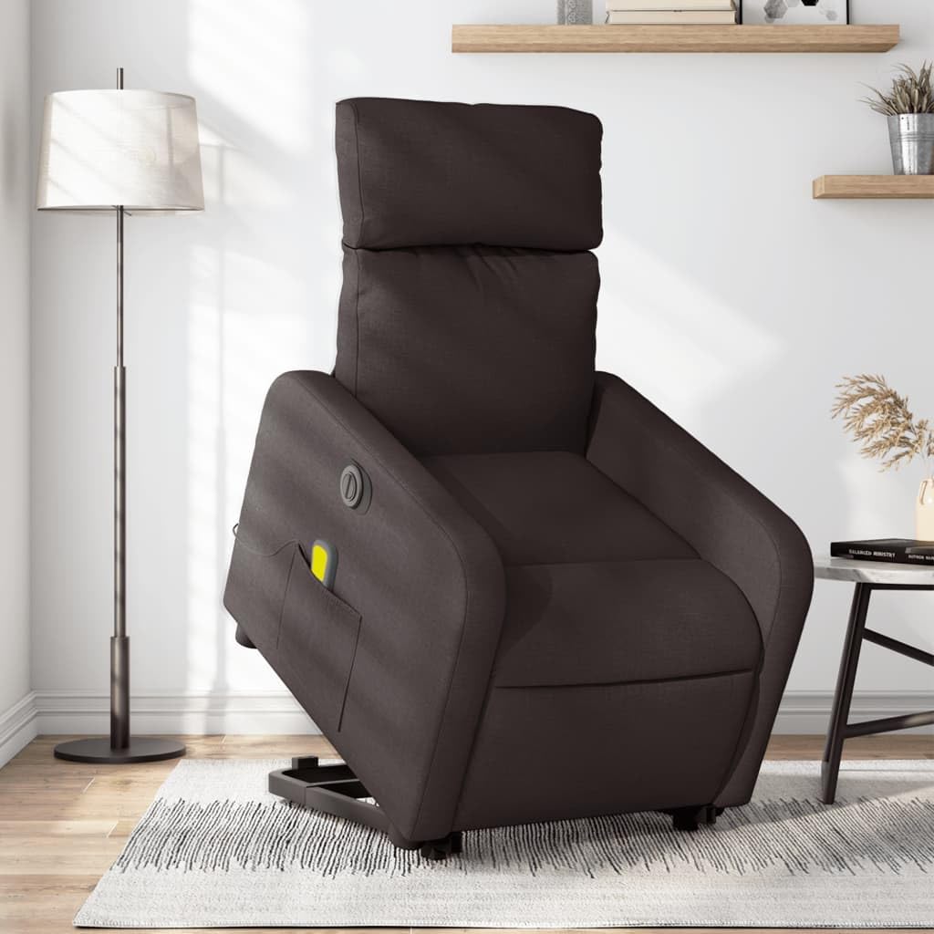 Sillón elevador eléctrico con masaje de 6 puntos y reclinación automática, tejido marrón oscuro, función elevación y vibración, estructura estable de madera