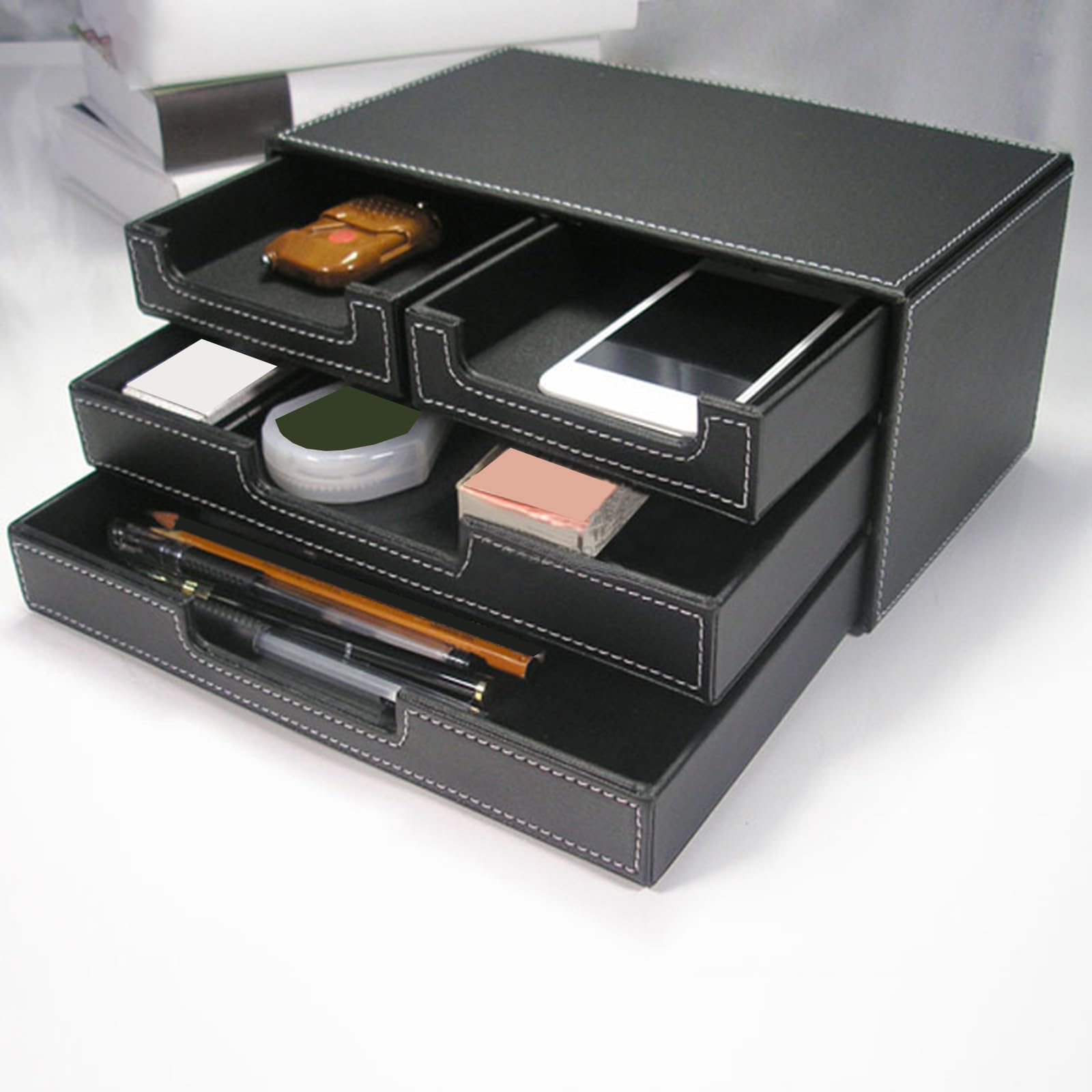Schreibtisch Organizer mit 4 Schubladen, Aufbewahrungsbox für Schreibwaren, PU Leder, Schreibtisch Organizer, Rechnungssammlungshalter, Schreibtisch aus PU Leder