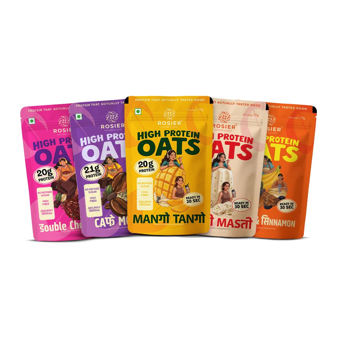 ROSIER High Protein Oats Assorted Pack | 21g Protein | Banana Cinnamon, Cafe Mocha, Double Chocolate, Kulfi & Mango | Instant Healthy Breakfast | 5 x 77g Ready-to-Eat Pouches-image-29