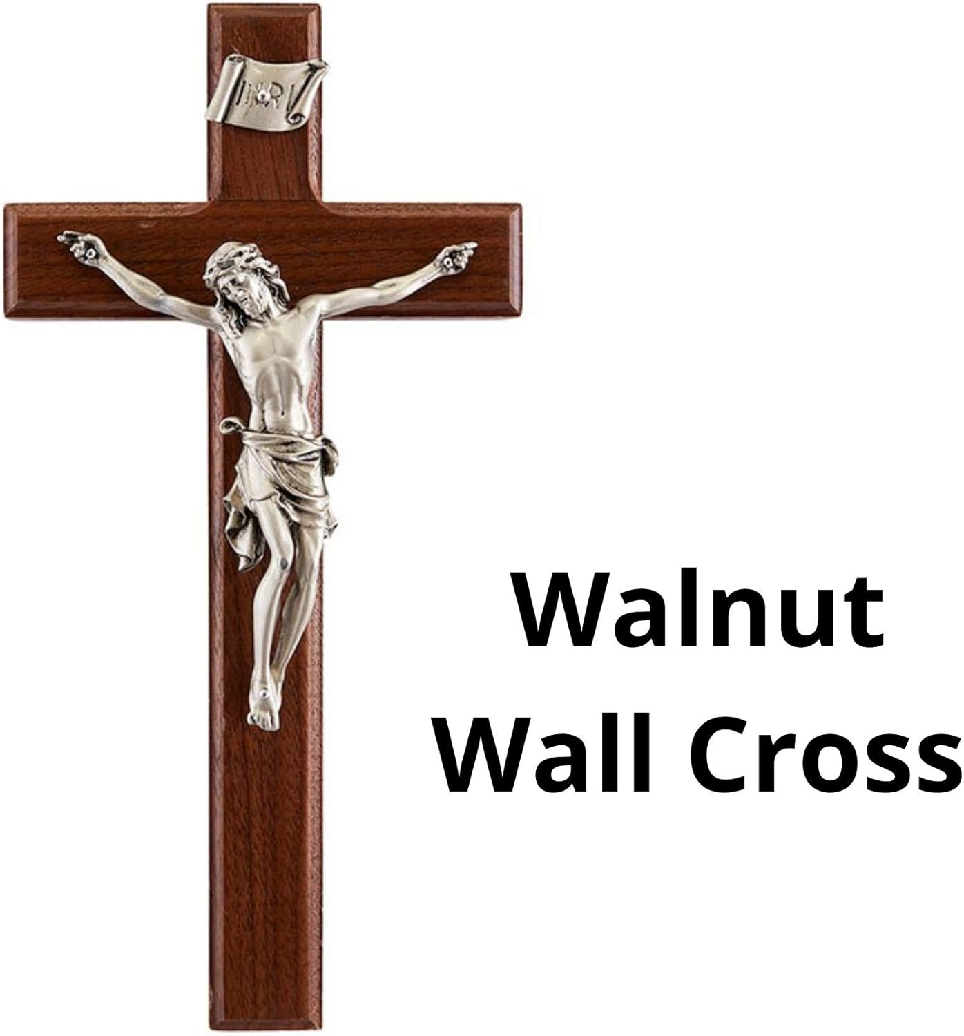 Wooden Walnut Wall Cross Crucifix with Pewter Jesus Christ Corpus, Catholic Decor, 10 Inch