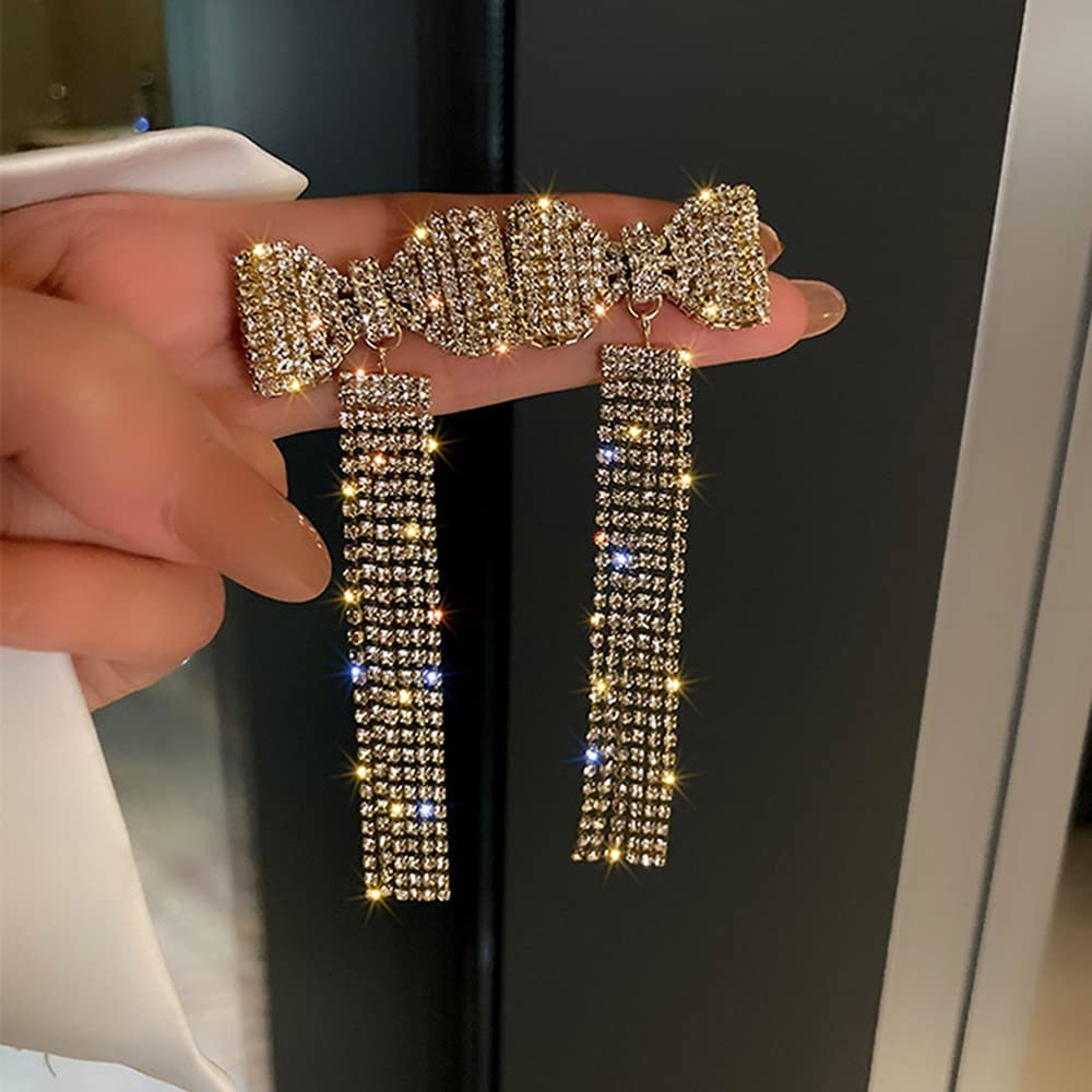 Wiwpar Long Fashion Bow Tassel Earrings Full Diamond Earrings Rhinestone Long Tassels Dangle Earrings for Women Girls