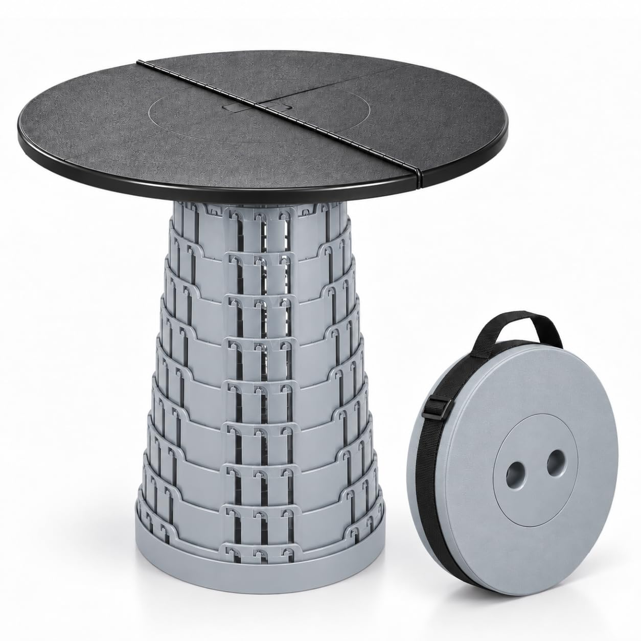 FBG Telescopic Folding Stool Retractable Collapsible Seat - Dark Grey | 250kg / 550lbs Load Capacity, 50cm Foldable Tabletop Included, Adjustable Lightweight Design | Camping, Festival, Garden, Hiking