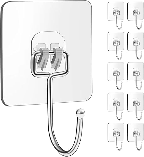 Miniatura 10 de Paquete de 20 ganchos de pared adhesivos grandes resistentes de 33 libras (máximo), ganchos de pared transparentes impermeables para colgar ganchos