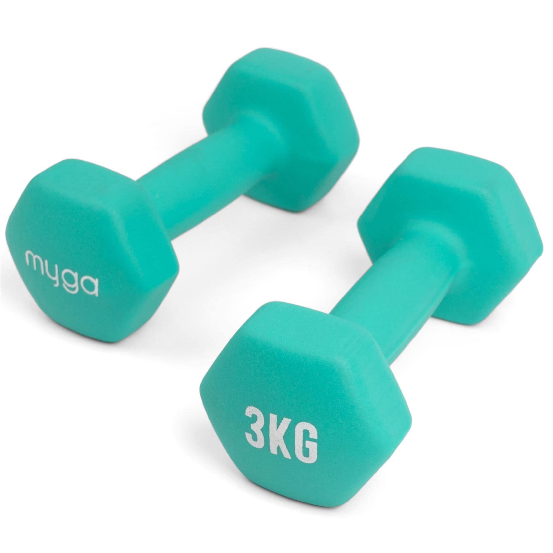 MYGA Hex Dumbbells - Pair of Neoprene & Cast Iron Hexagonal Dumbbell Hand Weights for Women and Men at Home & Gym - Weight: 3 kg