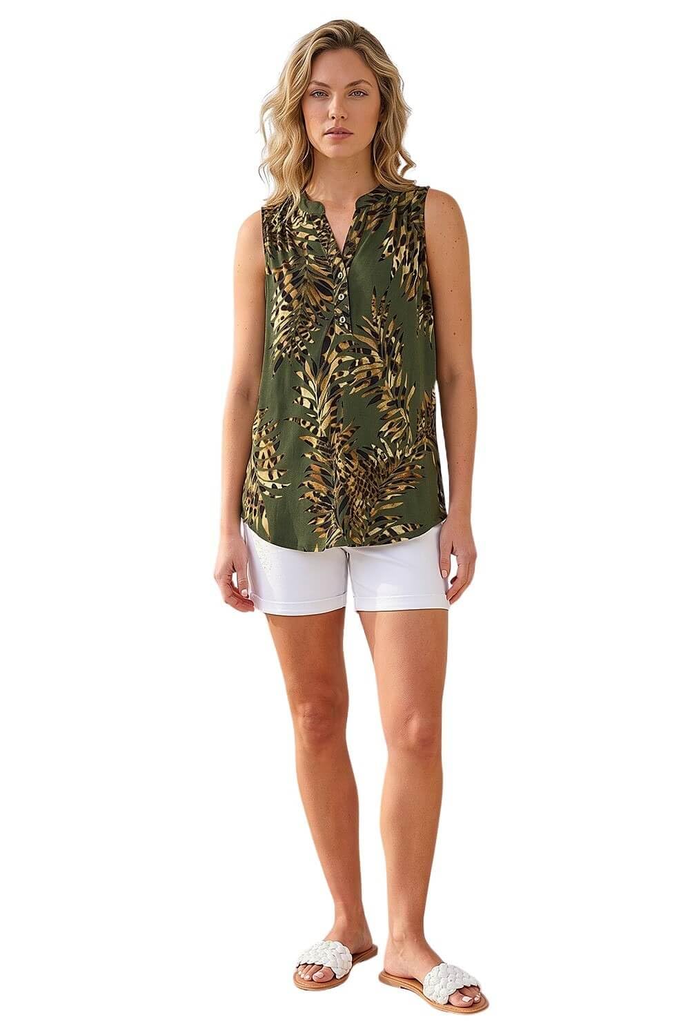 Roman Originals Women's Leaf Green Sleeveless Shirt For Uk Vest Tank Top Summer Smart Blouse Stretchy Jersey T-Shirt Casual Spring Holiday Party Beach Vacation Notch Neck - Size 18