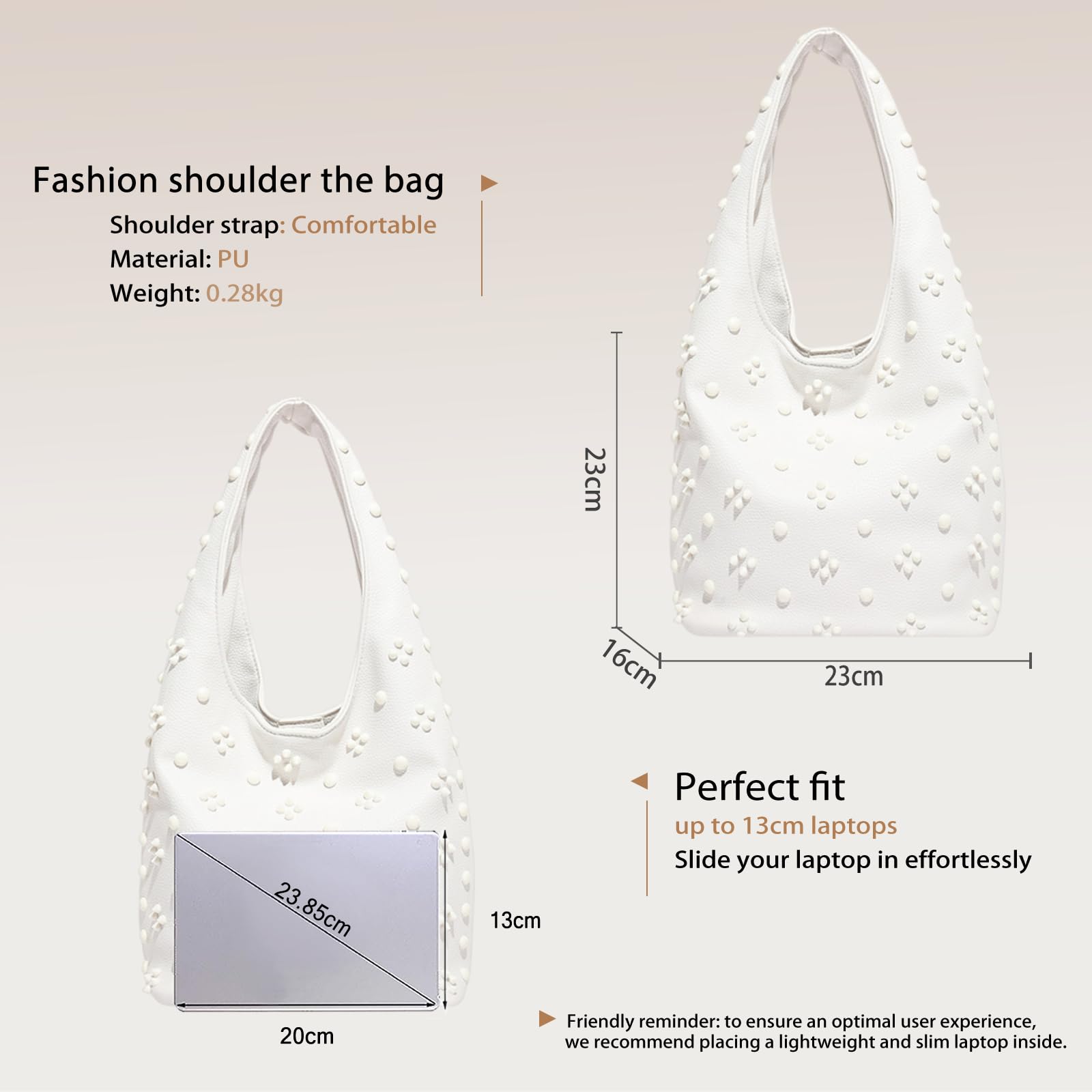 CORIOS Bolso de Mano en PU Cuero para Mujer Bolso de Hombro con Decoración de Remaches a la Moda Bolso de Axila en Estilo Cubo con Pequeña Capacidad Compras Viajes Trabajo Tote Blanco