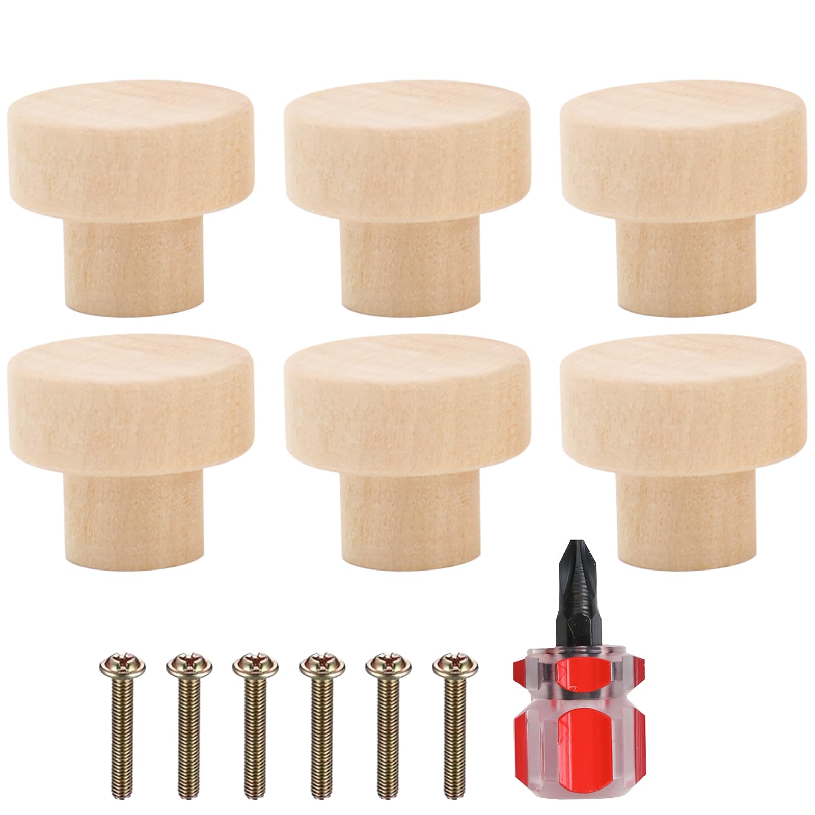 WOLMIK Pack of 6 Furniture Knobs, Wooden Drawer Knobs, Furniture Knobs, 30 x 23 mm Wooden Knobs for Cabinet Door, Drawer, Cupboard, Shoe Box, with a Screwdriver