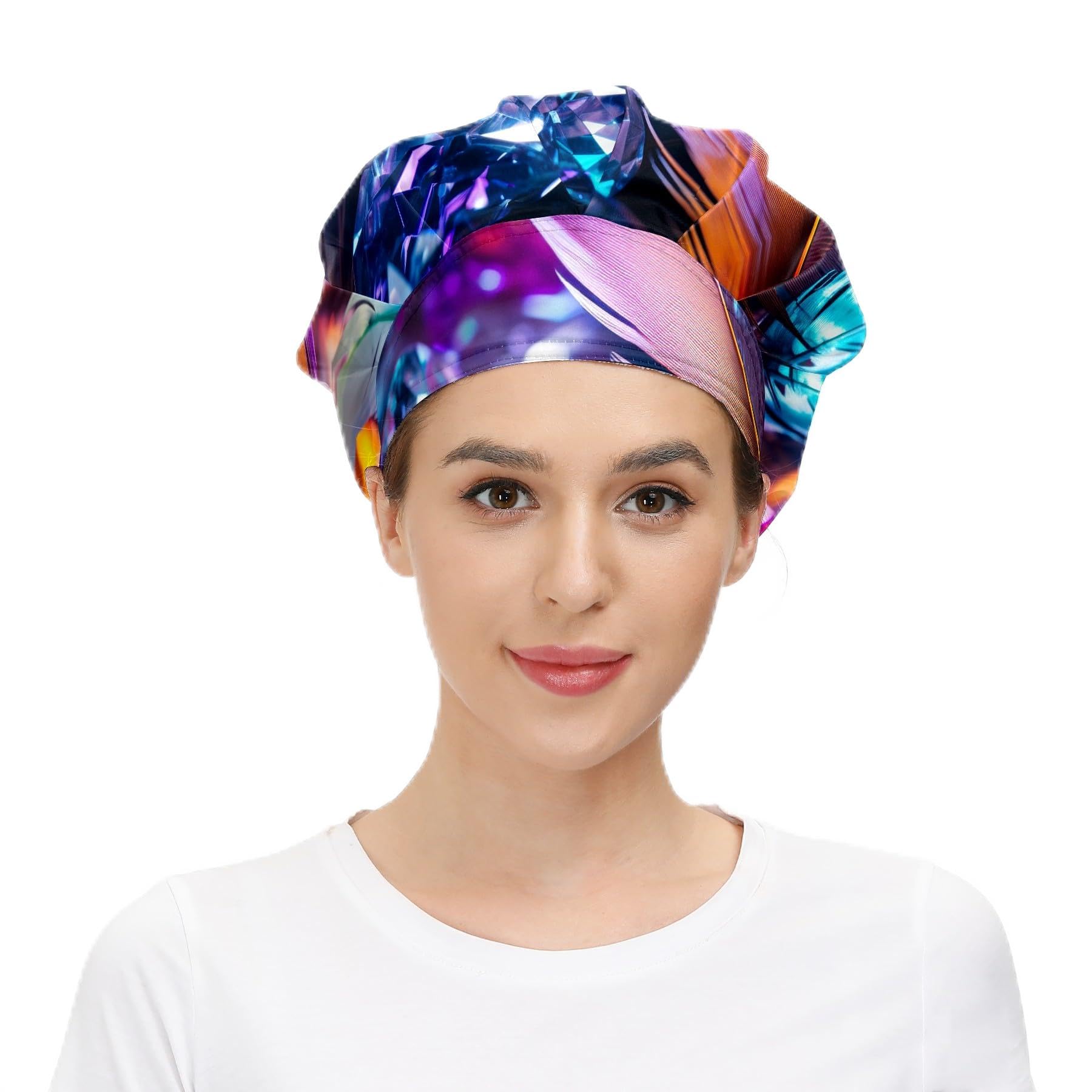 IOACIY Working Cap with Sweatband Elastic Toggle Adjustable Bouffant Hats Printed for Woman Man, One Size Fit All, Neon Feather (1)