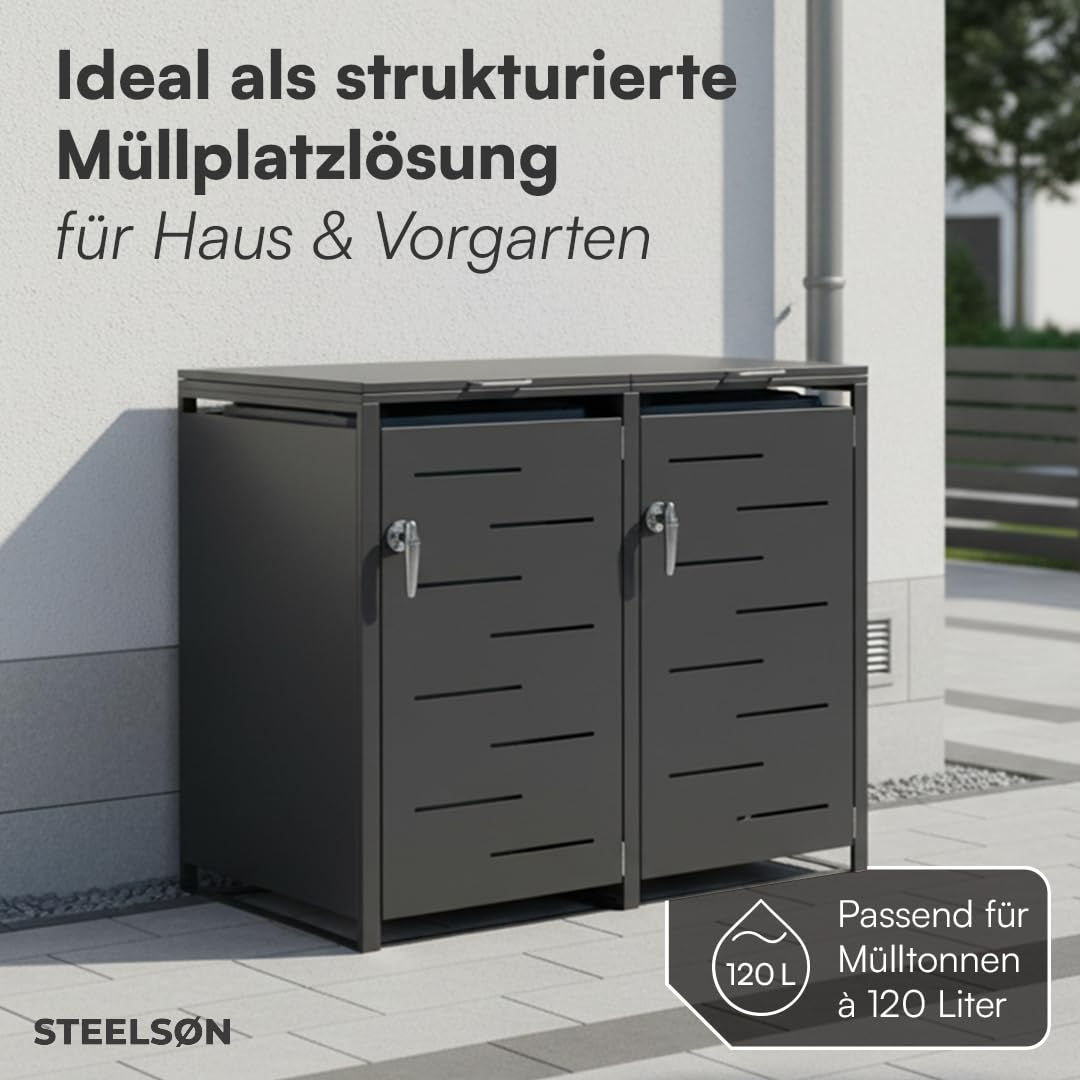 STEELSØN Diorus Mülltonnenbox 2er 120L abschließbar – Hochwertige Mülltonnenverkleidung für 2 Tonnen – Müllbox Stahl – Müllcontainer Schwarz - Mülltonnen Box wetterfest – Gerätebox mit Schloss