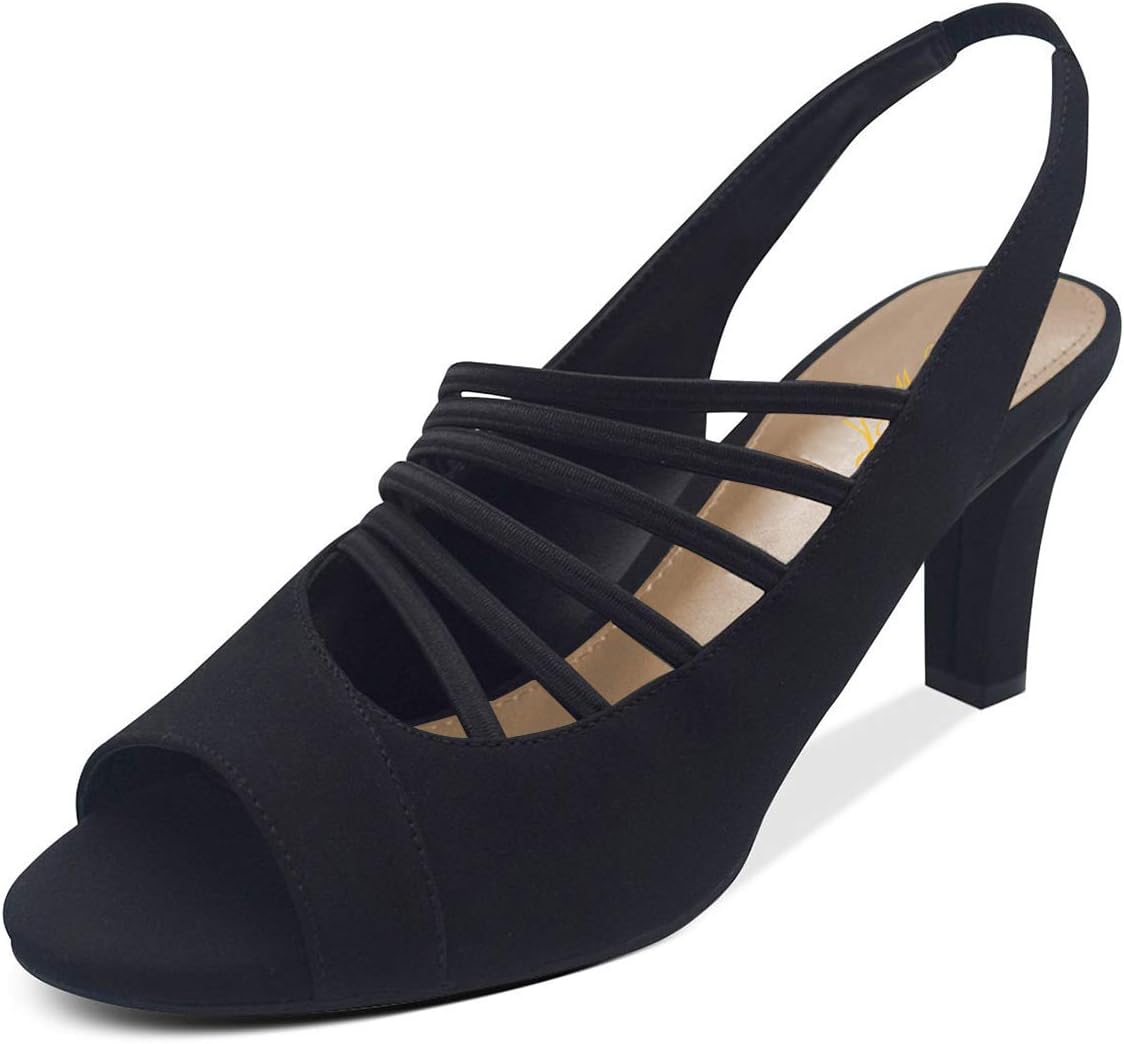 FOWT Women Fashion Peep Toe Slip on Sling Back Pumps Stylish High Chunky Heels Dress Office Shoes Size 4-15 M US