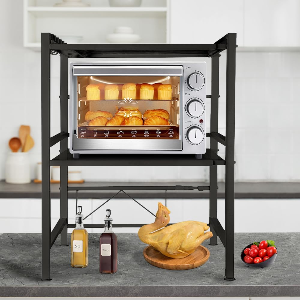 BUTUN Mikrowellen Regal, Ofengestell, 2-lagiges Erweiterbares Mikrowellenständer, Mikrowellenhalter Organizer, Küchenregal Stehend, Arbeitsplatte Küche mit Haken (schwarz)