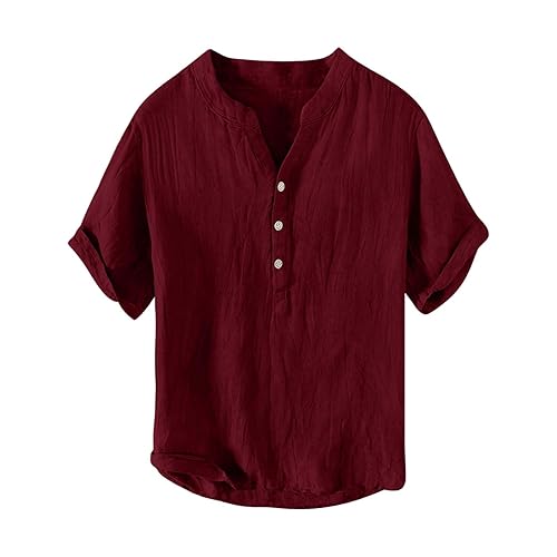 HJINGSUN Short Sleeve Linen Henley Shirts for Men Button Up