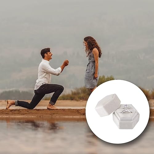 Miniatura 7 de AIEX Caja para anillos de terciopelo para joyas, doble ranuras, caja hexagonal para anillo para ceremonia de compromiso, boda, día de San Valentín,