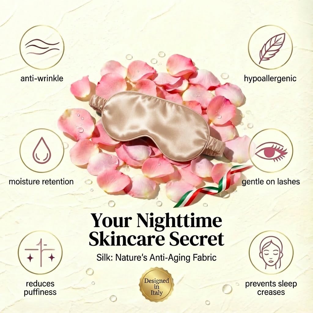MATASSE Masque de Nuit Soie de Mûrier 100% 22 Mommes Grade 6A – Profilé 3D 14mm, Bandeau pour les Yeux Homme et Femme, Sangle Réglable – Noir/Champagne