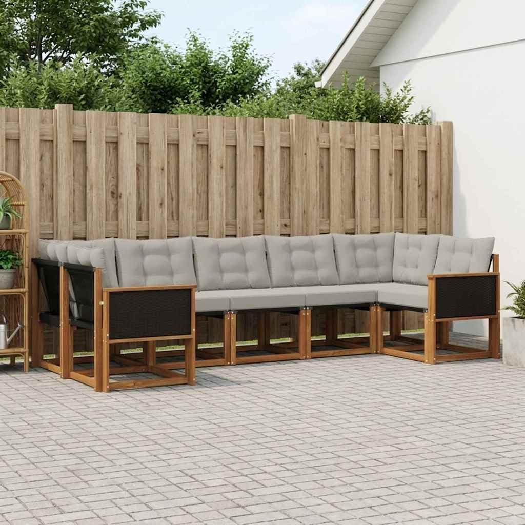 Ensemble de canapés d extérieur 7 pièces en Bois d Acacia Naturel et Gris Clair pour Salon, Patio et Espace extérieur avec Coussins Confortables et Design Contemporain
