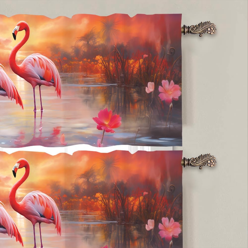2 Panels Fantasy Flamingo Curtain Valance for Windows, Fine Nature Plants Pond Rod Pocket Short Window Treatment Decor Drapes for Kitchen, Bathroom, 54" X 18"
