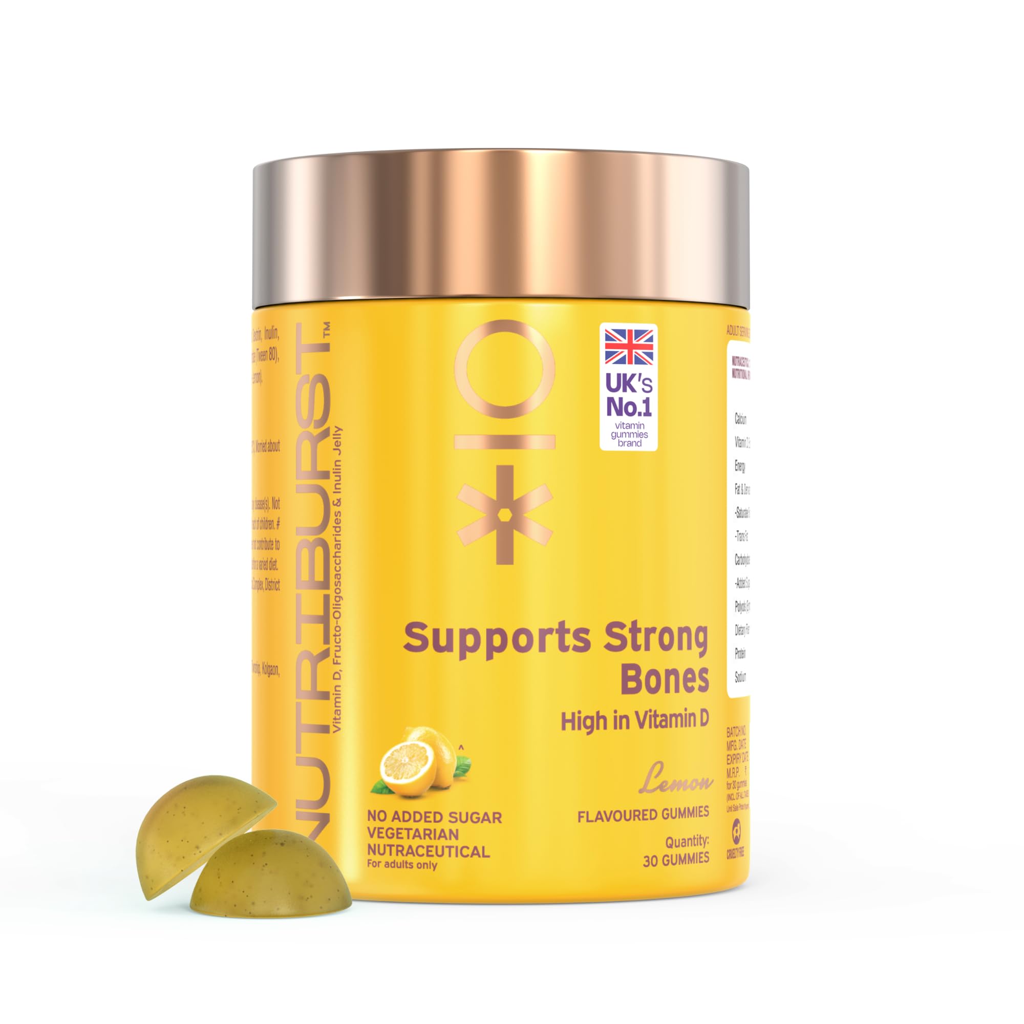 Nutriburst Supports Strong Bones Gummies with Calcium & Vitamin D to Boosts Energy & Immunity | Strong Teeth & Joint Support | Lemon Flavor & 100% Vegetarian | 30 Gummy