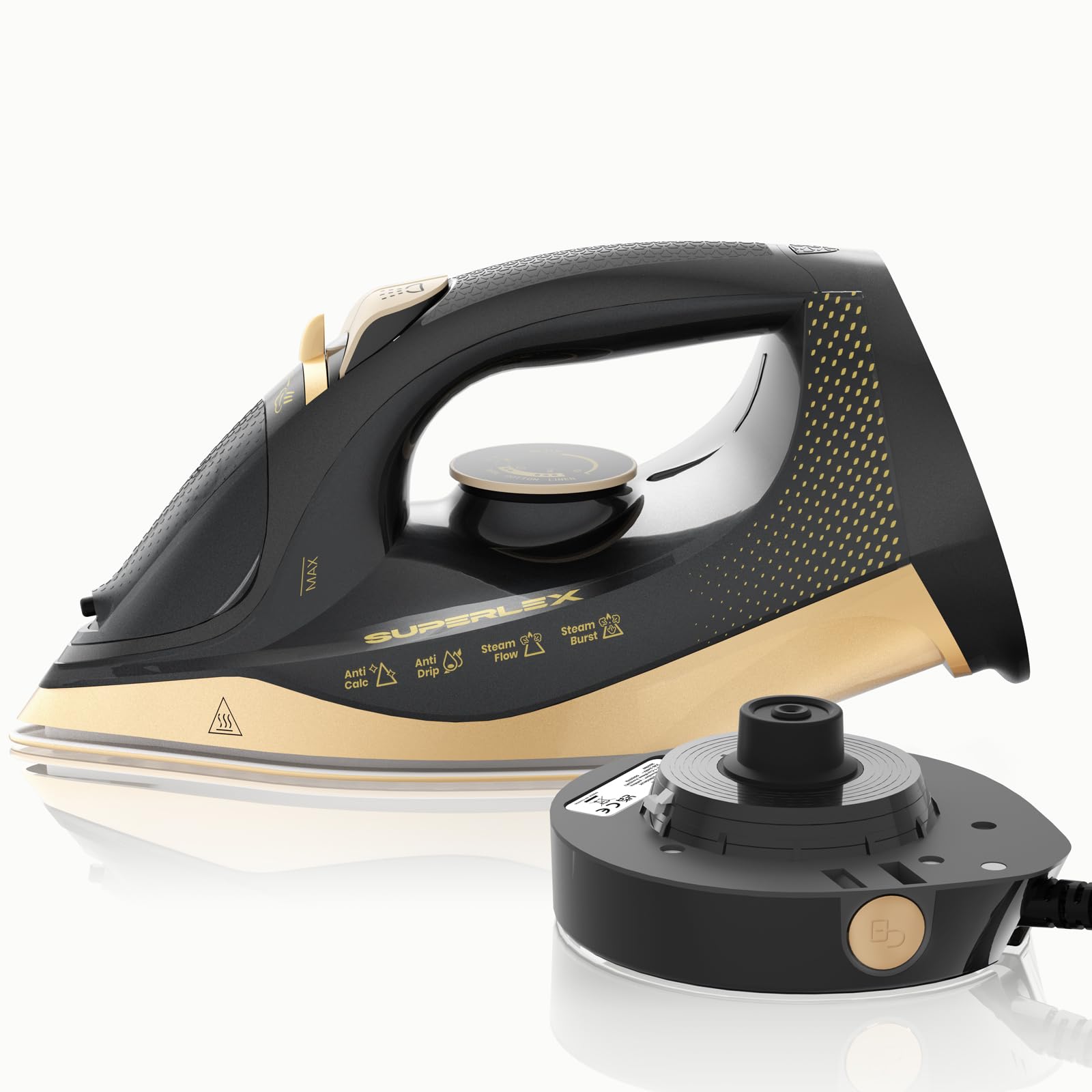 SUPERLEX Cordless Steam Iron 2 in 1, 2600W Fast Heat Up in 25s, Powerful 0.8g Steam Burst, Ceramic Soleplate, 320ml Tank, Anti-Drip & Anti-Calc, Lightweight, Black and Gold