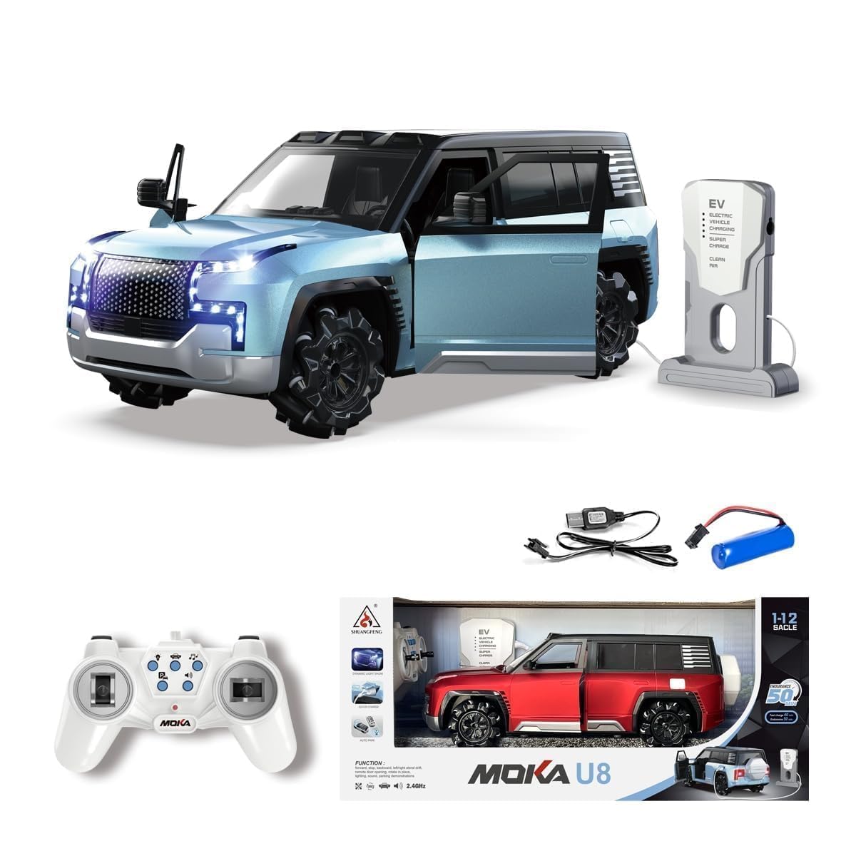 Moka U8 Remote Control Drift Car with EV Charge Station - Rechargeable 1:12 Scale RC Car, Auto Parking, Lights & Music Best Gift for Kids, Boys, Girls (Christmas & Birthday)(Sky Blue)-image-21