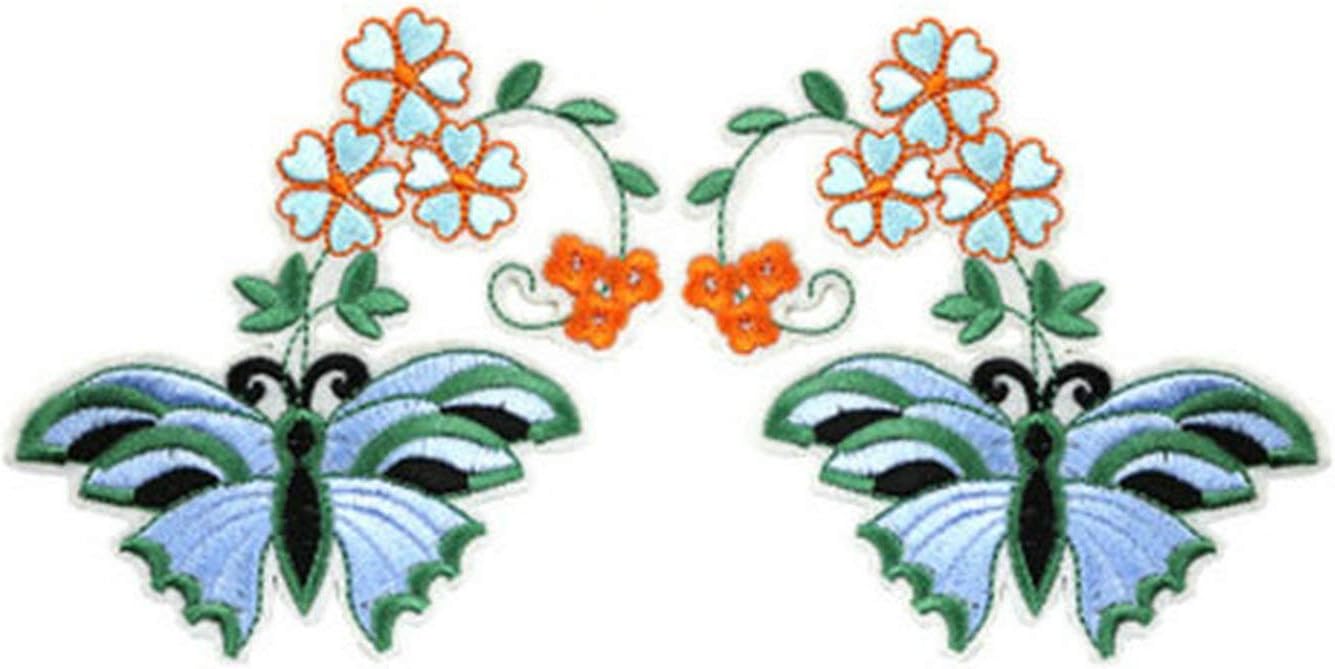 2 Pcs Flower Butterfly Patches Embroidery Iron On Appliques T-Shirt Dresses Stickers Clothes DIY Patch Coat Clothing Craft (Blue)