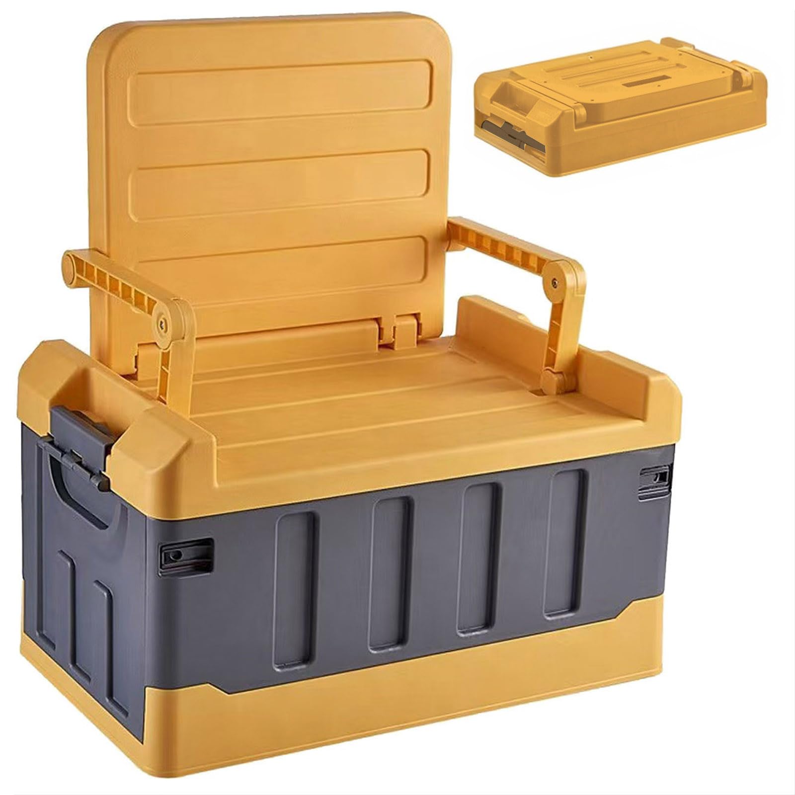 Versatile Foldable Seatable Car Organizer Box Heavy Duty Storage Bins With Lids Trunk,Durable Plastic,60L Can Store Clothes, Camping Equipment in Large Capacity (yellow)
