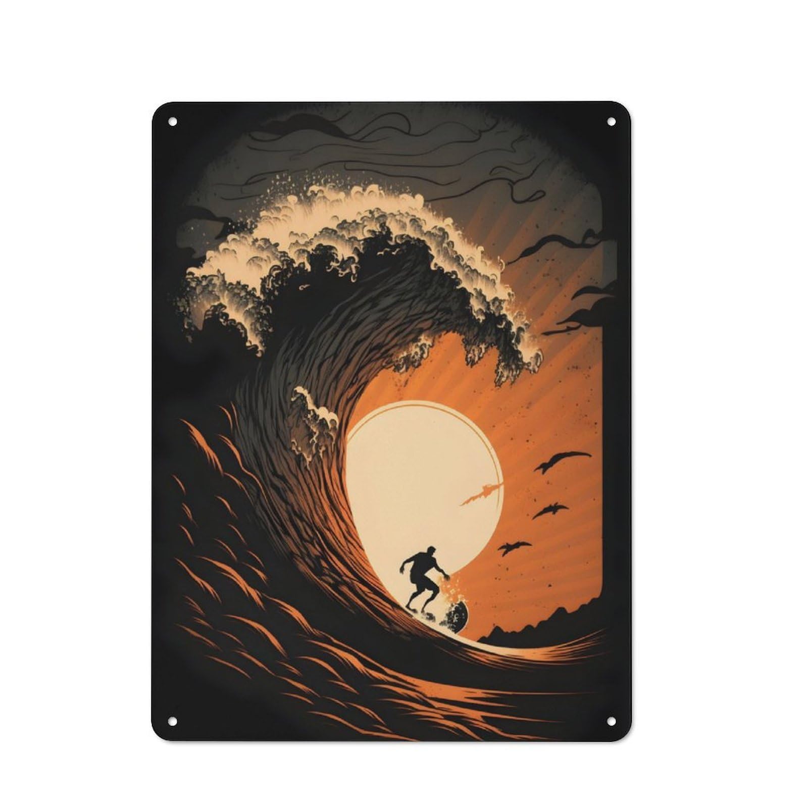 Junmoney Surfer Sunset Drawing Simple Retro Tin Sign 40X30cm, Study Room Decor For Home Office, Reading Corner Or Bedroom