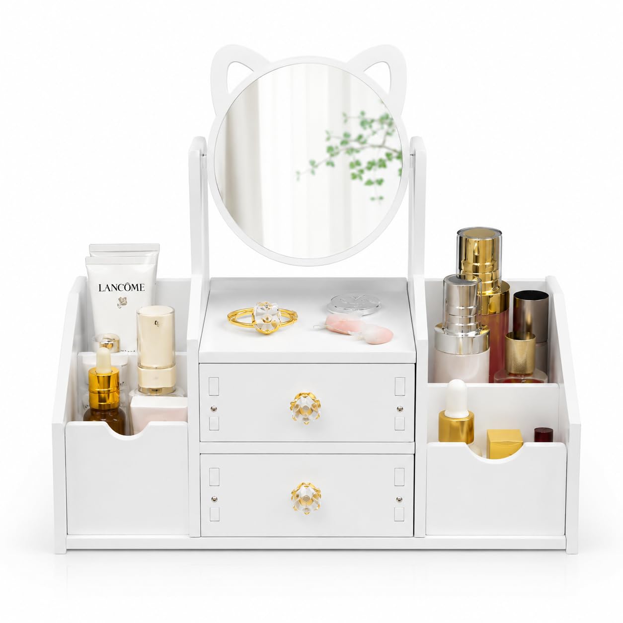 Glass White Desktop Makeup Mirror with Drawers, Large Capacity, Reasonable, Bedroom Dressing Table Vanity Mirror, Multi-Functional Cosmetic Storage Box, Rectangular, Tabletop Mount-image-33