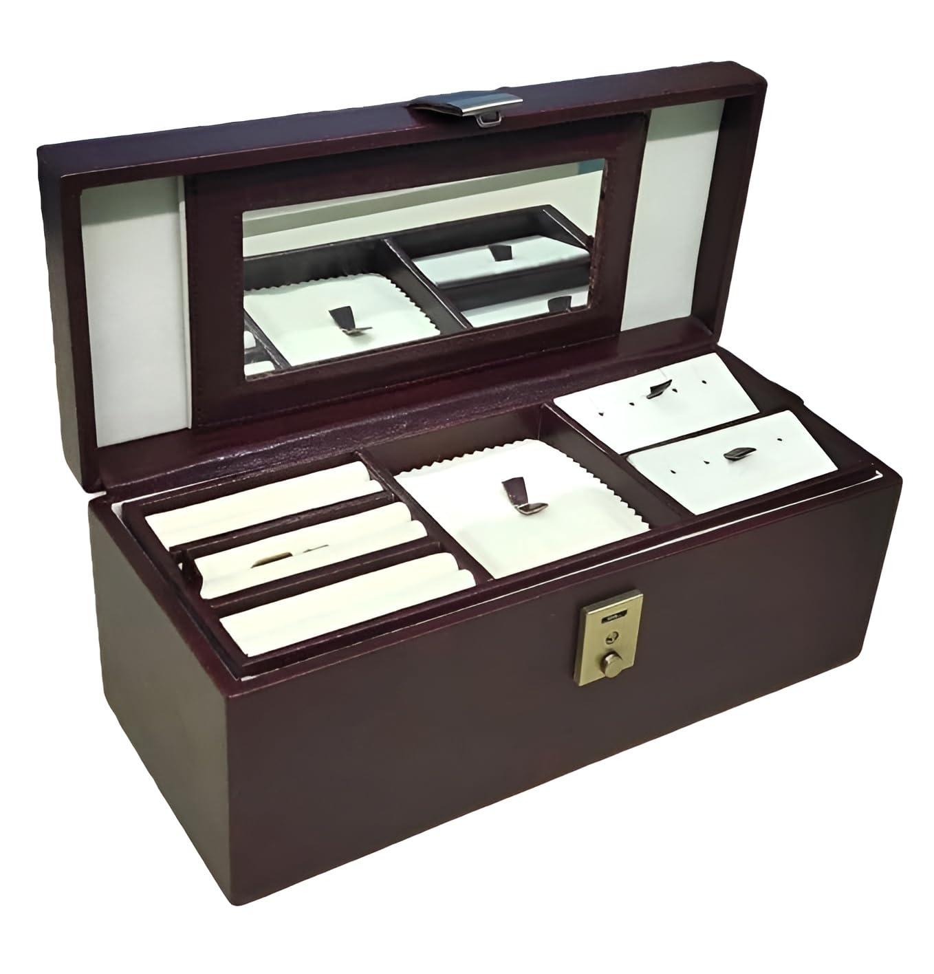 Stones Bridge Brown PU Leather Jewellery Box for Women – 8 Earring Slots, 3 Ring Rows, 4 Bracelet Compartments, Necklace Hangers, Mirror & Secure Lock for Safe Storage