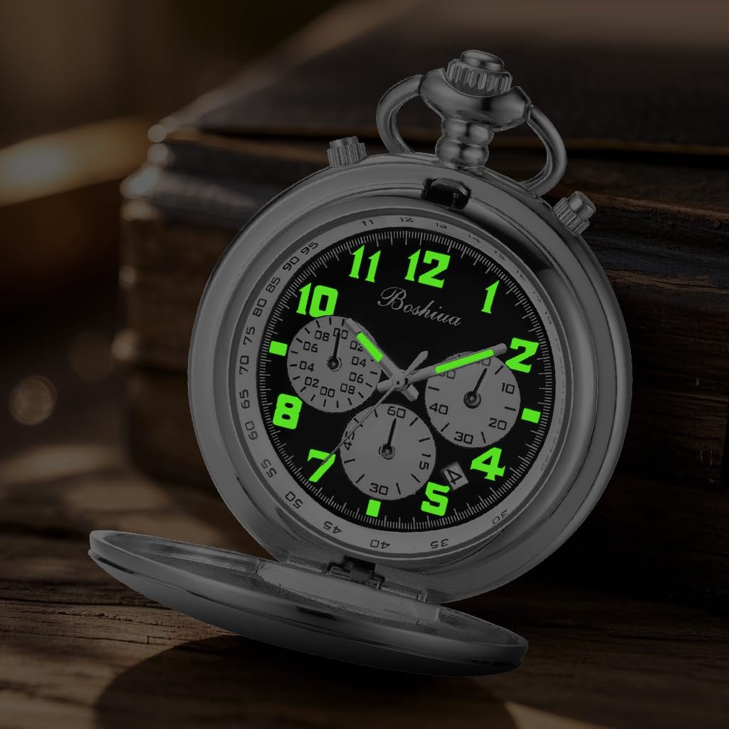BOSHIYA Orologio da tasca al quarzo liscio da uomo, multifunzionale, cronografo, classico, vintage, per uomo e donna, con catena, regalo di Natale, laurea, compleanno, festa del papà