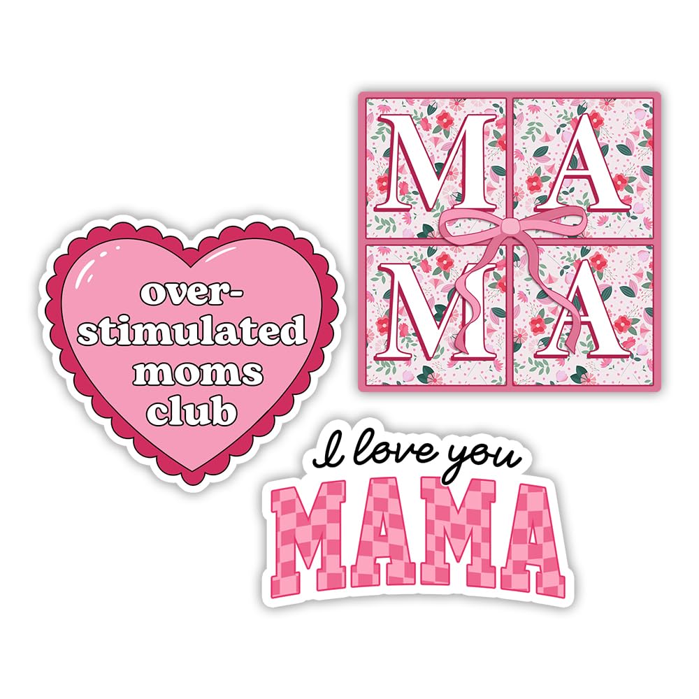 MAIANEY Set di 3 adesivi per mamma e mamma da 7,6 cm Overstimulated Moms Club Coquette Festa della mamma adesivo in vinile impermeabile carino ragazza mamma mamma regali di compleanno decorazioni