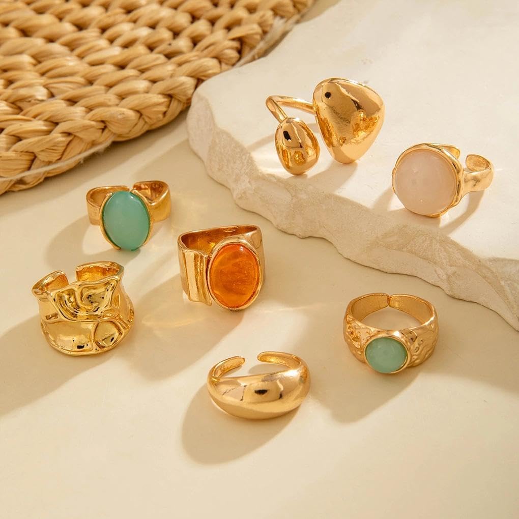 Rrdaily Gold Chunky Hammered Dome Resin Rings Set,Open Adjustable Pleated Stackable Knuckle Finger Rings Set Party Jewelrys Accessories Gift for Women - Image 6