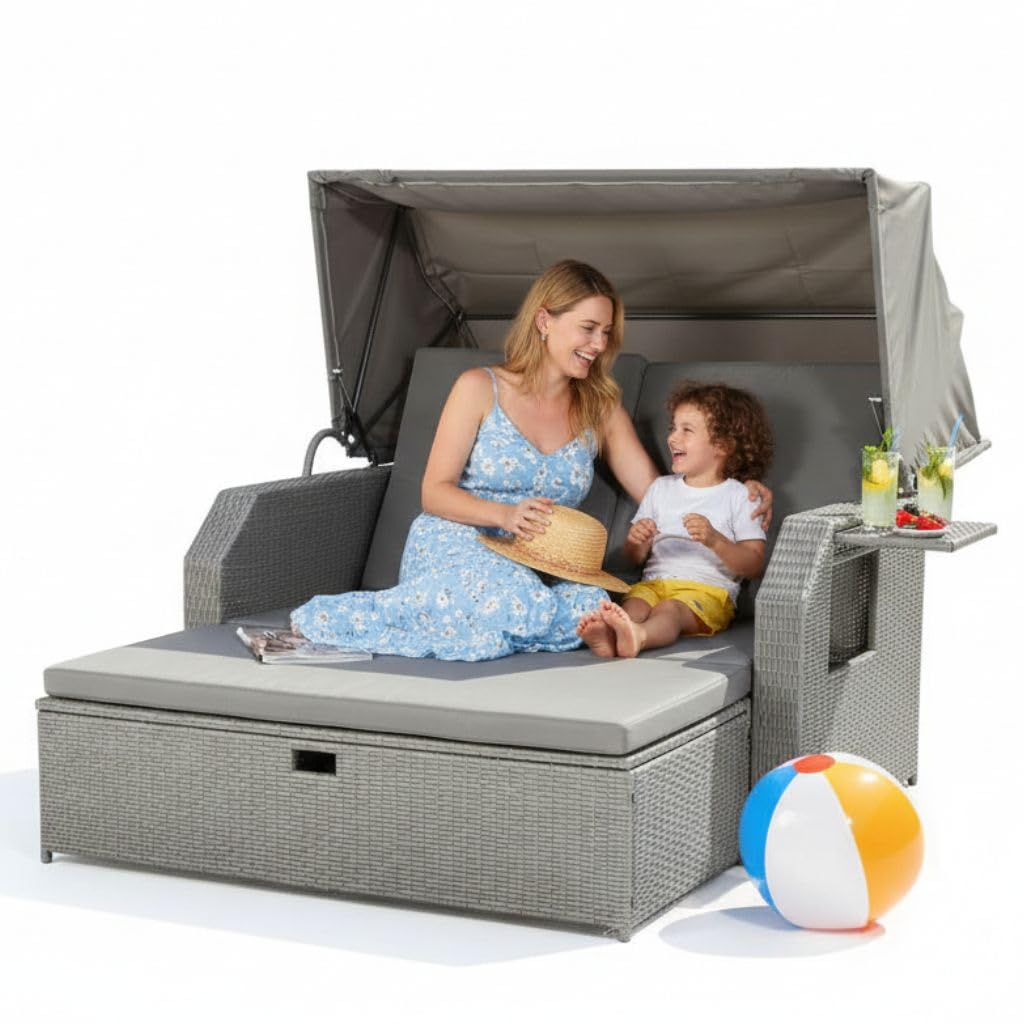 Mucola Strandkorb inkl. Sonnenschutz Polyrattan Sonnenbett inkl. verstellerbarer Rückenlehne und klappbaren Seitentischen Outdoor Lounge wetterfest