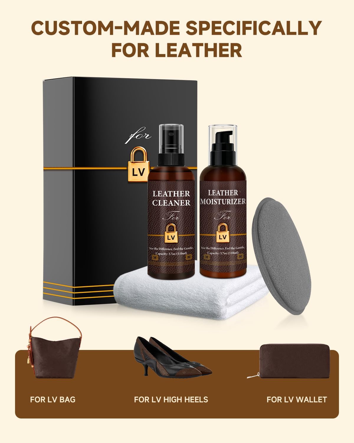 Leather Cleaner & Moisturizer Set for Louis Vuitton, Cleaning and Maintenance Set for LV, Powerful Stain Removal, Gentle Care, Suitable for LV Handbags/Wallets and Other Luxury Brands - Image 2
