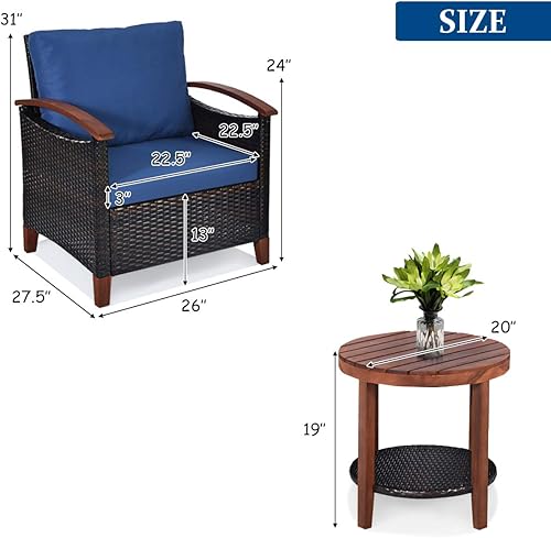 Miniatura 5 de Tangkula Juego de muebles de patio de 3 piezas, sofá y mesa auxiliar de ratán para exteriores con marco de madera de acacia maciza, juego de bistró