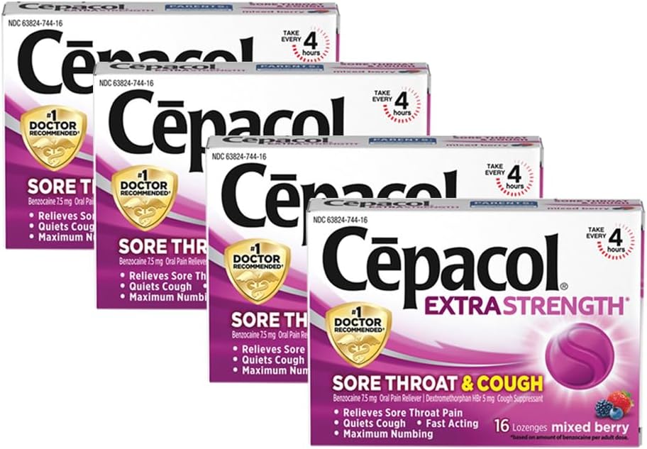 Extra Strength Sore Throat & Cough Relief Lozenges, 16 Count, Mixed Berry Flavor, Maximum Numbing, Fast Acting Relieves Sore Throat Pain, and Quiets Cough (Pack of 4)
