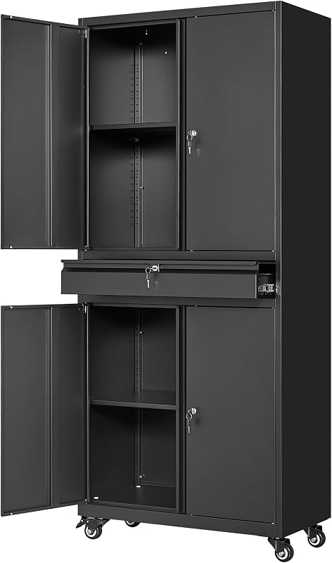 Gabinete de almacenamiento de garaje de metal con puertas con cerradura y estantes ajustables, gabinete de almacenamiento de herramientas rodante de 73 pulgadas con 4 ruedas y 1 cajón para garaje, almacén (negro)