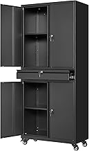 Yizosh Metal Garage Storage Cabinet with Locking Doors and Adjustable Shelves, 73" Rolling Tool Storage Cabinet with 4 Wheels and 1 Drawer for Garage,Warehouse (Black)
