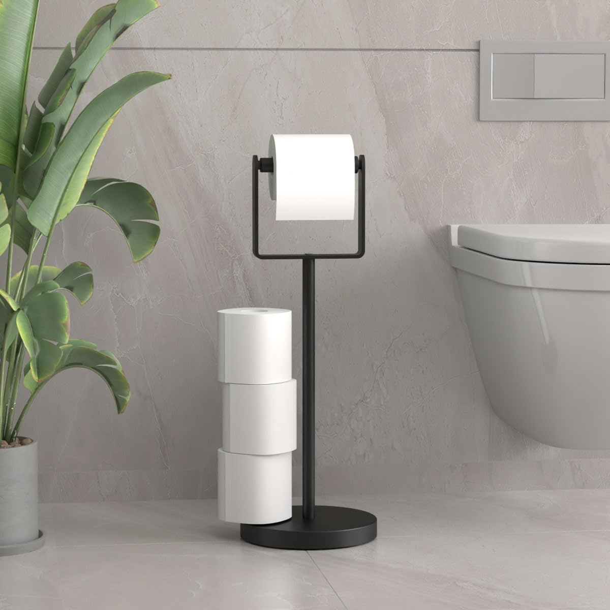 Free Standing Weighted Base Toilet Paper Holder, Floor Tissue Roll Holder for Bathroom,Stainless Steel Toilet Paper Stand,Black