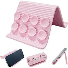 ONEUPIN Portable Foldable Silicone Aluminum Phone Holder with Suction Cup, Cute Cat Aluminum Silicone Phone Stand for Desk Home Office Travel Airplane Treadmill, Flexible Phone StandCat Pink