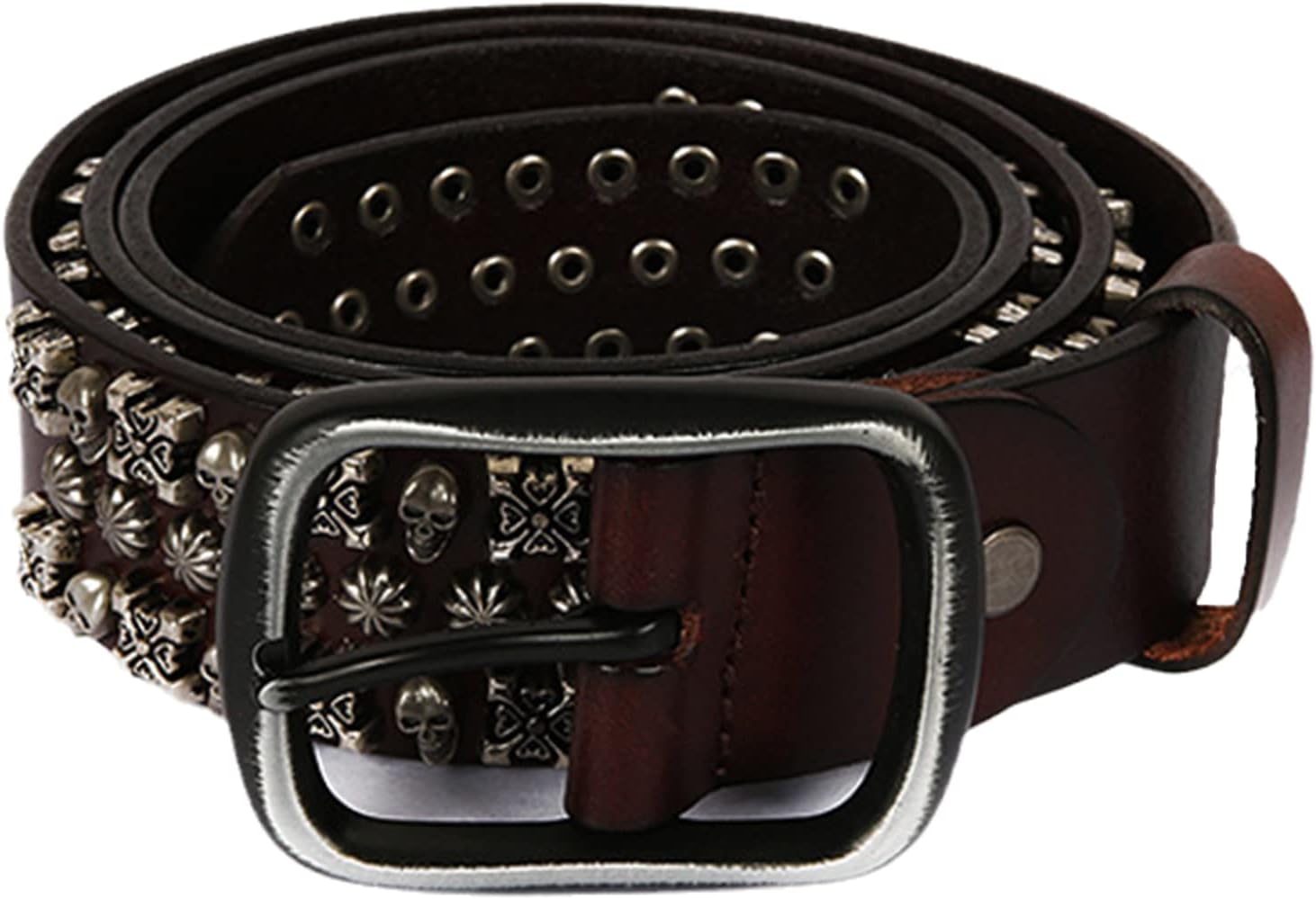 Punk Rock Studded Belt for Men/Women Three Row of Skull & Rivet Cross Flower Spikes Handcrafted Cowhide Leather Belts(125cm/waist:43", Brown)