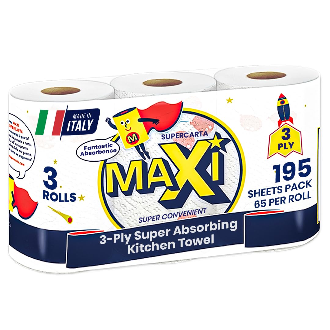 Maxi Supercarta Kitchen Paper Towel 3 Ply 195 Sheets, 65 Per Roll Pack of 3 - Highly Absorbent, Soft Embossed & Printed Tissue Paper, Extra Large 210x216mm Sheets